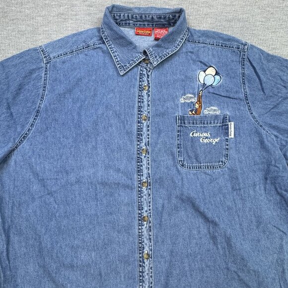 Curious George Womens Embroidered Denim Button-Up Shirt 22W Cotton Short Sleeve - Picture 6 of 14